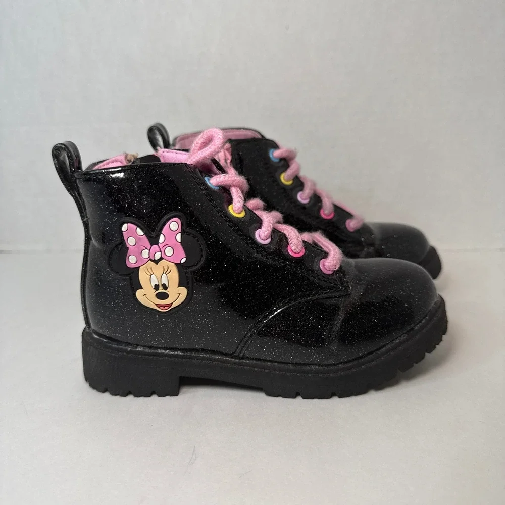Disney Minnie Mouse Girls Black Glitter Combat Boots Side Zip Size 9